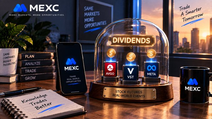 A promotional MEXC advertisement displays the slogan 'MORE MARKETS. MORE OPPORTUNITIES' alongside a phone, books labeled 'PLAN ANALYZE TRADE GROW', and a glass dome showcasing 'DIVIDENDS' with stock symbols for AVGO, VST, and META.