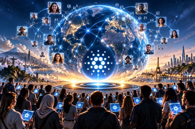 The image shows a diverse global crowd of people holding glowing devices with the Cardano (ADA) logo, gathered around a large illuminated Cardano symbol superimposed over a connected Earth with profile pictures of individuals representing the worldwide network. It visually reinforces the message that Cardano's staking community of 1.4 million people spans the globe, highlighting the international, decentralized scale of its staking ecosystem rather than just the staking numbers.
