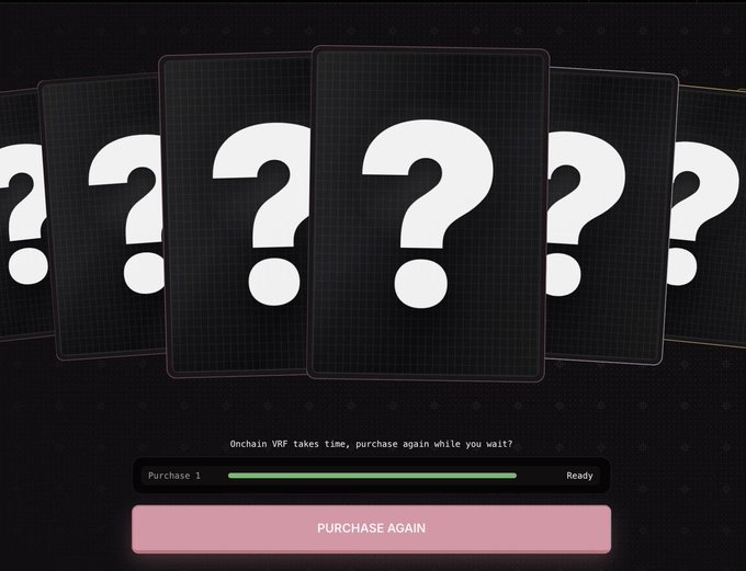 A dark screen with multiple question mark cards and a progress bar reading 'Onchain VRF takes time, purchase again while you wait?' with a 'Purchase 1' status marked 'Ready' and a 'PURCHASE AGAIN' button.