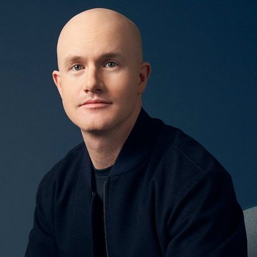 A portrait-style image shows a bald man in a dark jacket against a blue background, with no visible text or numbers. It appears unrelated to the accompanying post about Coinbase launching fixed-rate Bitcoin-backed loans and borrowing against BTC without selling it.