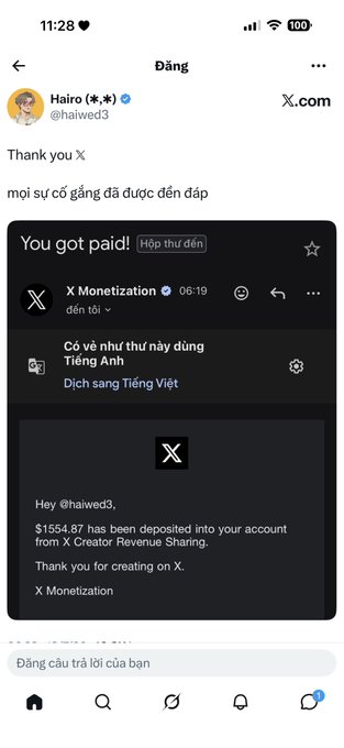 The image shows a screenshot of an X (Twitter) post by user "Hairo (@haiwed3)" with the message "Thank you %" and a Vietnamese caption translating to "every trade is coming to X," accompanied by a payment notification from X Monetization showing $1554.87 deposited into the account from X Creator Revenue Sharing. This screenshot directly supports the accompanying post's celebration of earning $1.5k through X's creator monetization program, highlighting the platform's profitability for content creators.