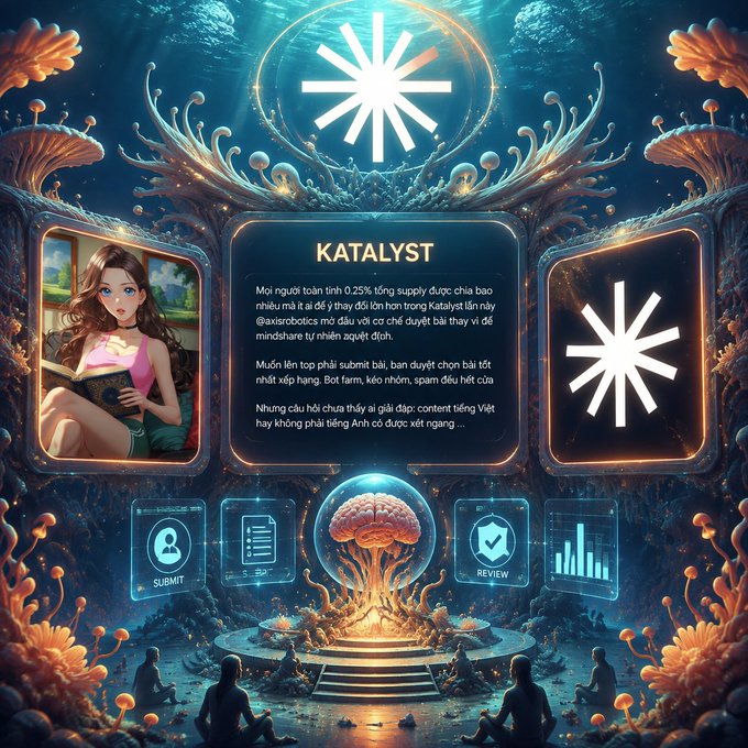 An underwater scene frames a central "KATALYST" panel detailing the new funding round mechanics, flanked by a woman in a pink top and a starburst logo, with silhouettes meditating around a glowing jellyfish altar below. The image visually reinforces the post's message about shifting from natural mindshare to a content-submission-driven ecosystem in Axis Robotics' Katalyst round, where 0.25% of total supply is allocated based on user-submitted content reviewed by the community.