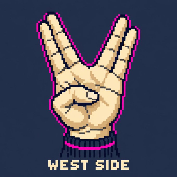 A pixel-art graphic of a hand making a 'V' or peace sign with the text 'WEST SIDE' displayed below on a dark blue background.