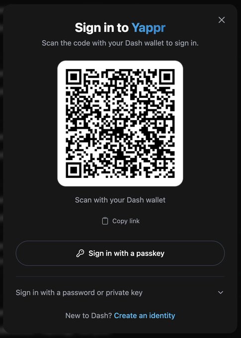 A login screen for "Yappr" displaying a QR code to scan with a Dash wallet, along with options to sign in with a passkey or password.