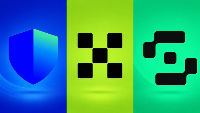 This image displays the logos for OKX Wallet and Trust Wallet, correlating with the post's mention of top cryptocurrency wallets. The logos are presented in a triptych format, with OKX Wallet prominently featured in the center.