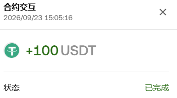 A screenshot of a contract interaction confirmation showing a completed transaction of +100 USDT dated 2026/09/23 15:05:16.