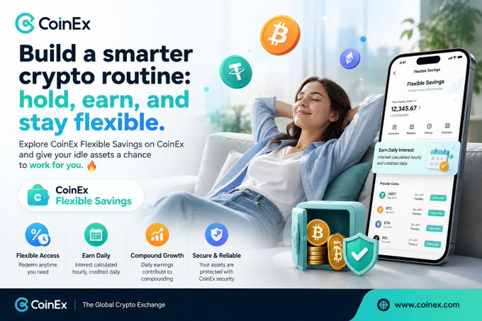 This image is a promotional graphic for CoinEx Flexible Savings, featuring a woman in a white t-shirt and dark bottoms seated against a neutral background, adorned with gold jewelry. The graphic includes the text "Build a smarter crypto routine: hold, earn, and stay flexible," along with the website "www.coinex.com" and references to various crypto tickers in the promotional messaging.