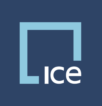 The image shows a logo with the text "ICE" on a dark blue background, featuring a stylized square frame design in light blue surrounding the letters. This represents ICE (Intercontinental Exchange), the owner of the NYSE referenced in the post about launching gold futures in London.