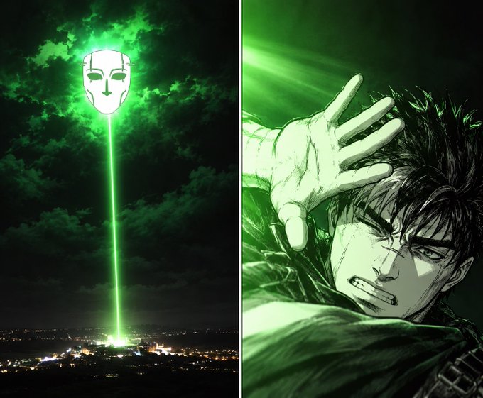 A split-screen anime/manga image showing a glowing white mask emitting a green laser beam down on a city at night on the left, and a close-up of a male character reaching his hand forward with green lighting on the right.