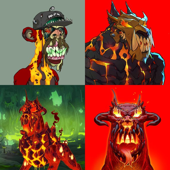 The image features four different cartoon animal characters, each with a unique appearance and pose, set against a red background. The first character is a monkey wearing a hat and has a banana-shaped nose. The second character is a dog with horns on its head and a long tail. The third character is a bull with horns and a long tail as well. The fourth character is a dragon with sharp teeth and a long tail, also with horns.