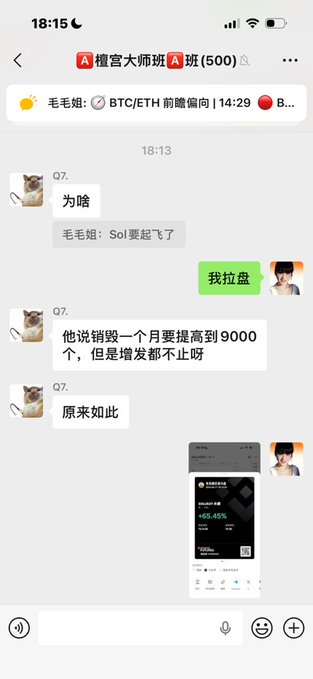 In the image, there is a cell phone screen displaying multiple chat messages from a person named "A" who has sent three separate messages. The first message contains text and an image of a cat, while the second message also includes a photo of the same cat. The third message shows an image of another person and is labeled with a number. 

The surrounding context suggests that these messages are part of a discussion or conversation between people named A, B, C, and D, likely about something related to cats. One text on the phone reads "$SOL要起飞了知道为什么吗?". This message is a reference to the first chat message with an image of a cat by A. The other messages convey further discussion or information about this initial reference, possibly involving cats and their interactions in the context of their conversation.
