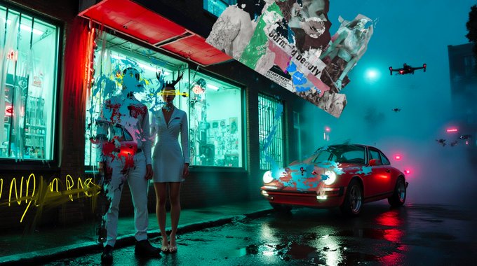 A cyberpunk-style digital art scene featuring a couple standing by a lit storefront at night, with a red and white vintage Porsche, flying drones, and floating digital billboards.