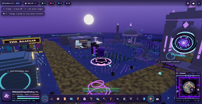 A screenshot of a 3D virtual world game displays a night-time scene with various structures, including 'The Bazaar' and a 'Screamer Station'.
