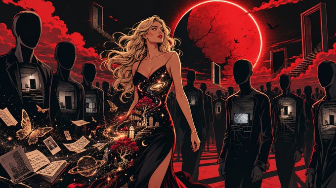 A surreal illustration features a blonde woman in a galaxy-patterned black dress surrounded by faceless silhouettes, a red blood moon, and floating books and butterflies.