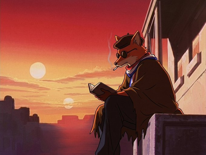 An anthropomorphic fox wearing a flat cap, sunglasses, and a dark coat, sitting on a ledge reading a book while smoking a cigarette, silhouetted against a dramatic orange sunset with two suns over a city skyline.