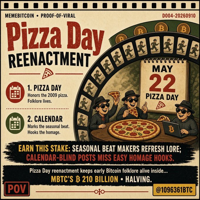 A vintage-style promotional poster titled 'Pizza Day Reenactment' by MEMEBITCOIN, referencing May 22, the 2009 pizza folklore, and MBTC's $210 billion halving, featuring cartoon figures eating pizza.