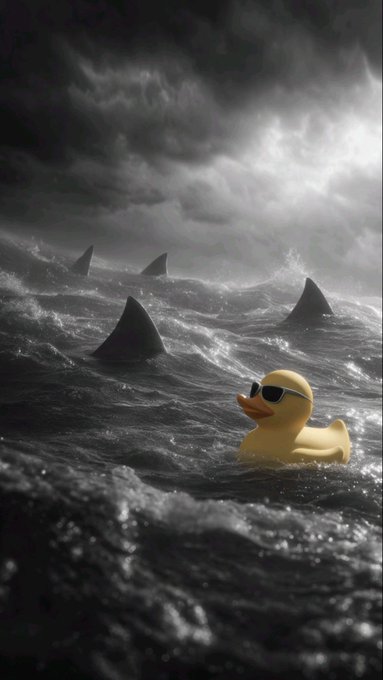 A yellow rubber duck wearing sunglasses floats fearlessly in stormy waters as ominous shark fins circle around it under a dark, dramatic sky. The image cleverly mirrors the crypto post's message by depicting a small, seemingly vulnerable duck standing its ground among larger threats—symbolizing how everyday holders can thrive in the market with the right staking strategy.