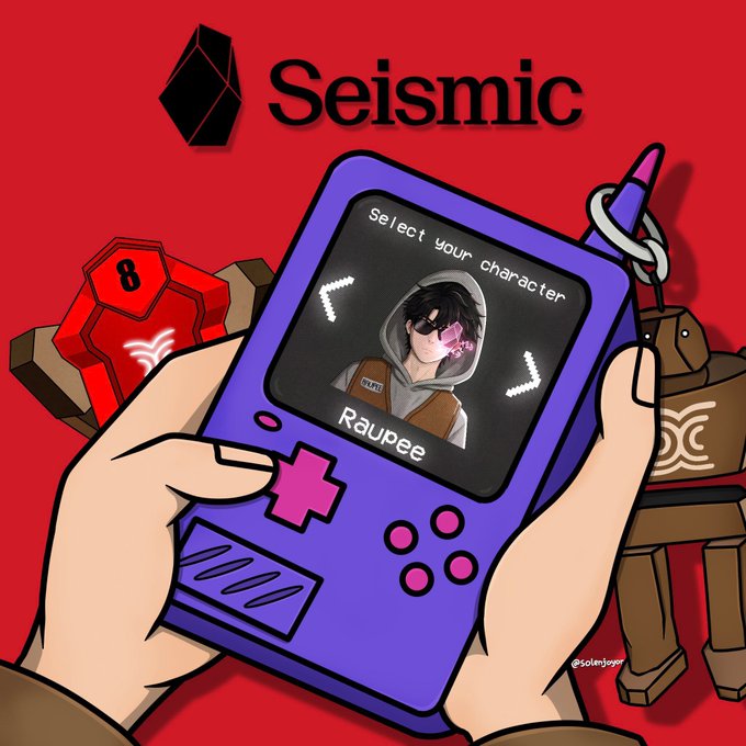 An anime-style illustration showing hands holding a purple Game Boy-like device displaying a character selection screen with 'Raupee' character, branded with the Seismic logo on a red background.
