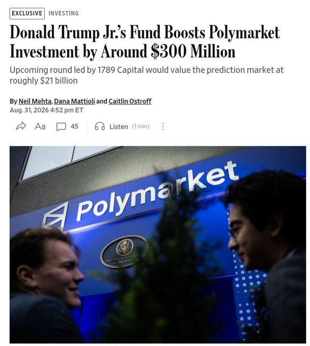 A Bloomberg article headline reads, "Donald Trump Jr.'s Fund Boosts Polymarket Investment by Around $300 Million," with a subheading noting that an upcoming round led by 1789 Capital would value the prediction market at roughly $21 billion. The image shows two men in conversation in front of a blue "Polymarket" sign at what appears to be a corporate or political venue. The accompanying post summarizes the article, highlighting the $300M investment, $1B total raise, and $21B valuation tied to Polymarket and 1789 Capital.