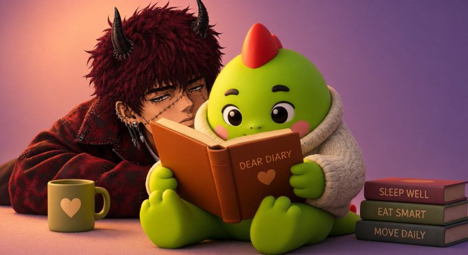 A 3D render of a horned anime-style character and a green creature reading a 'DEAR DIARY' book, with nearby books labeled 'SLEEP WELL', 'EAT SMART', and 'MOVE DAILY'.