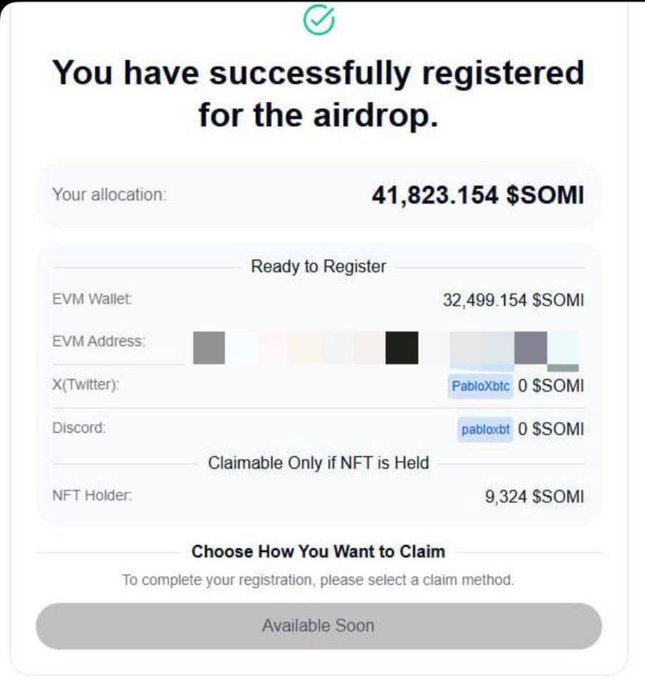 The image is a registration confirmation screen for a $SOMI token airdrop, showing an allocation of 41,823.154 $SOMI split between an EVM wallet (32,499.154 $SOMI) and an NFT holder allocation (9,324 $SOMI), with social accounts linked to "PabloXbtc" and "pabloxbt." The accompanying note about selling $SOMI for $50,000 in 2025 contradicts the on-screen claim that the airdrop is not yet available to claim, highlighting the speculative nature of the displayed holdings.