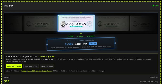 A screenshot of a website called 'THE BOX' showing a horizontal scrolling list of 'THE WORLD WIDE BROWN EXCHANGE OF THE PLANET EARTH' trading deeds, with a pop-up confirming '2.50x' leverage on '0.0925 AMZN' worth '$25.00'.