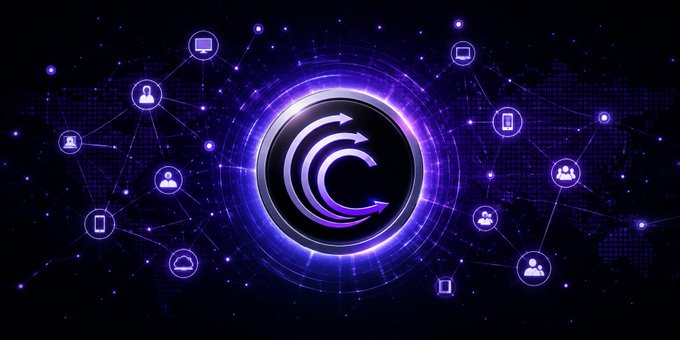 A glowing purple circular icon featuring a stylized "C" logo sits at the center, surrounded by interconnected nodes depicting people, devices, and cloud symbols against a dark network backdrop, visually representing BitTorrent's decentralized peer-to-peer ecosystem. The interconnected web imagery reinforces the post's emphasis on BitTorrent's foundational peer-to-peer network that existed before the BTT token was introduced.