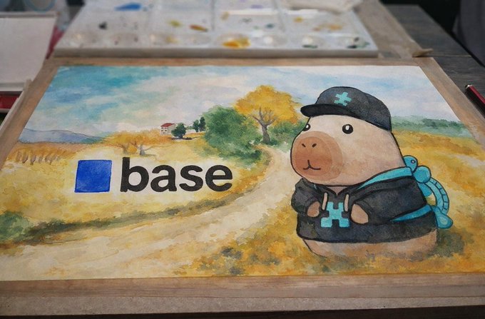 A watercolor painting featuring a cute capybara character wearing a black cap and hoodie with the 'base' logo, set against a landscape backdrop.
