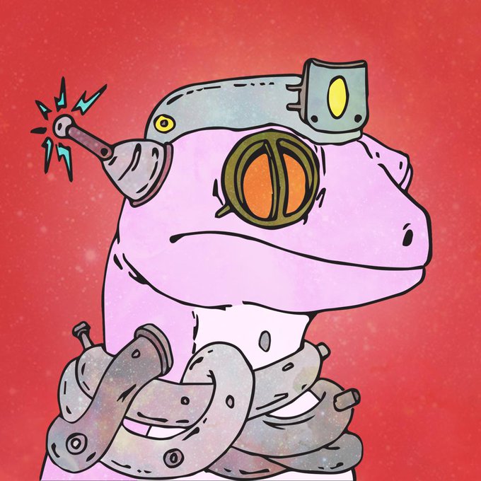 A cartoon illustration of a purple frog-like creature with robotic arms, mechanical eye gear, and a sparking antenna.
