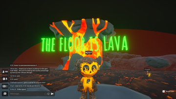 The image shows a gameplay screenshot of "The Floor is Lava" (version 4207), featuring an animated yellow character standing on volcanic terrain with lava flows and green neon title text. The accompanying post credits the experience to @OthersideMeta and @OtherGamesXYZ, sharing the volcano-themed mini-game from the Otherside Meta platform.