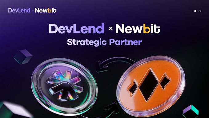A promotional graphic for 'DevLend x Newbit Strategic Partner' showing two cryptocurrency-style coin tokens (a purple angular icon and an orange logo) connected by arrows on a dark background.
