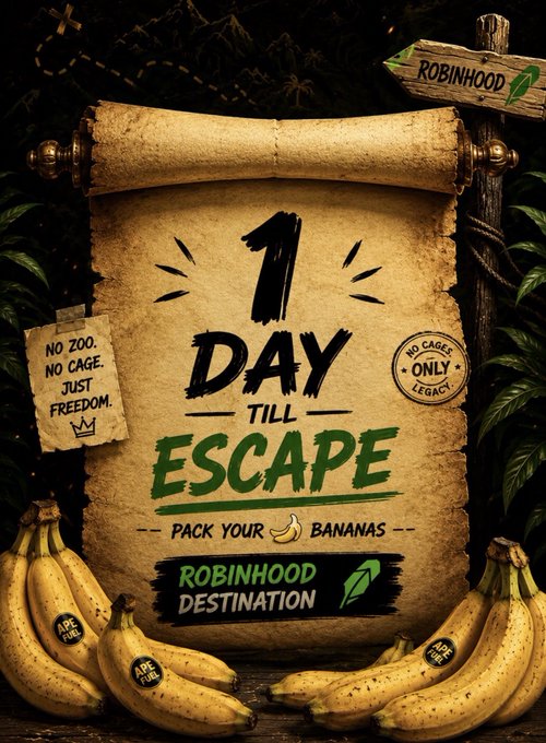 A promotional poster styled as an aged scroll reads "1 DAY TILL ESCAPE — PACK YOUR BANANAS — ROBINHOOD DESTINATION," featuring bananas labeled "LIFE CAGE" and slogans like "NO ZOO. NO CAGE. JUST FREEDOM."