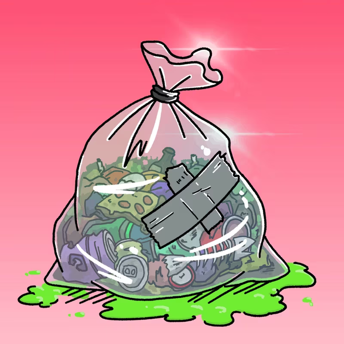 Cartoon illustration of a tied garbage bag overflowing with trash and green sludge, set against a pink background.