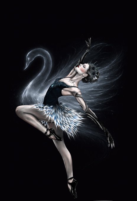 An artistic digital painting of a ballerina in a black swan costume performing a dramatic pose, with a ghostly swan silhouette behind her against a black background.