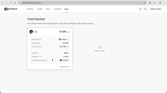 Screenshot of the Primus Labs app showing the Yield Market interface for $EU with a 17.48% APY, 145.81M total supply, 150.79M total reserves, and a 9.56% vault APY—illustrating the shielded/private yield earning option on the $U to $EU encrypted deposit mentioned in the post.