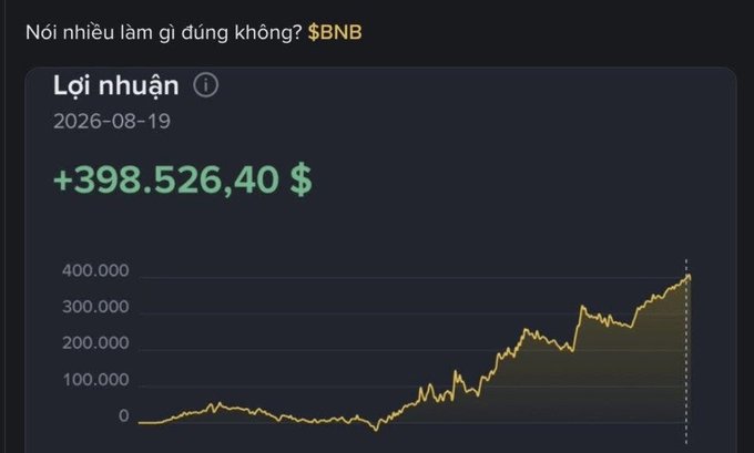 Screenshot in Vietnamese of a crypto profit chart dated "2026-08-19" showing a total profit of "+398.526,40 $" for "$BNB" with a yellow line graph trending sharply upward on a dark background.