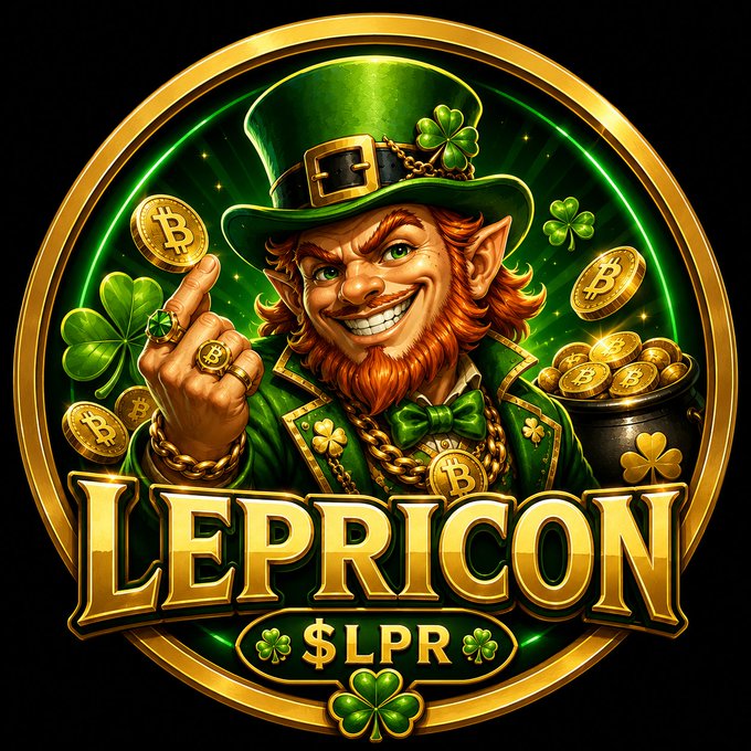 A vibrant logo features a leprechaun character surrounded by gold Bitcoin coins, shamrocks, and a pot of gold, with 'LEPRICON $LPR' displayed at the bottom.