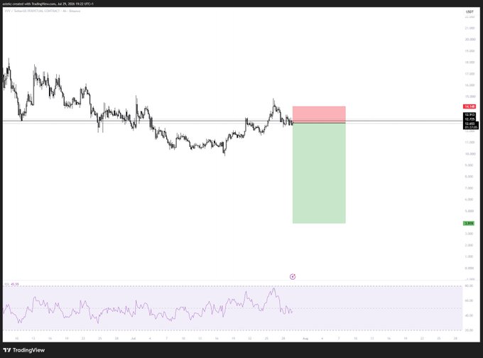 A TradingView chart of $VVV (USDT) on Binance showing price consolidating around $14, with a green short position zone drawn below near $3.50 and a red stop-loss zone above at $15.20, illustrating the trader's frustration after being stopped out before a price decline.
