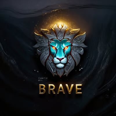 A majestic lion emblem with glowing blue eyes and golden crown details sits above the word "BRAVE" in gold lettering, accompanied by a small "SINATIK" logo—perfectly matching the motivational post's themes of strength, courage, and the Brave Legends community hashtag.