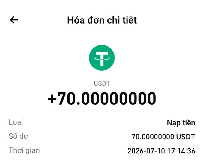 A Vietnamese cryptocurrency transaction receipt showing a deposit of +70.00000000 USDT to a Tether wallet on 2026-07-10.