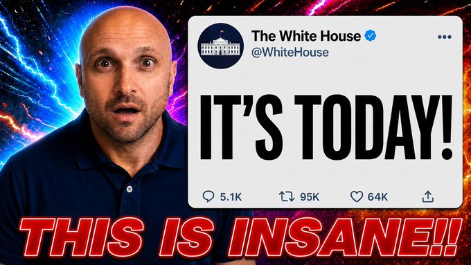 A YouTube thumbnail shows a shocked bald man beside a mocked-up White House tweet reading "IT'S TODAY!" with 95K retweets and 64K likes, overlaid on fiery blue-red graphics and bold red text declaring "THIS IS INSANE!!" — used to dramatize the post's claim that the OCC approval pipeline for crypto firms (Circle, World Liberty, Ripple) is moving in order toward a major RLUSD-related announcement.