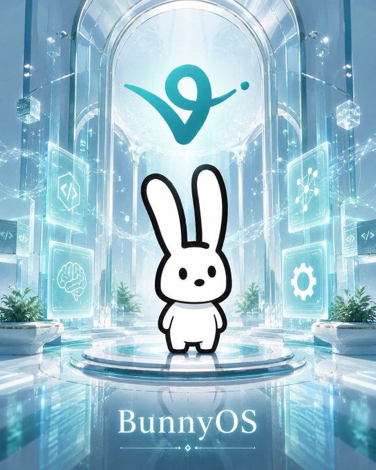 The image features a cartoon rabbit standing in front of an archway that has a "9" on top. The rabbit appears to be looking at something or someone outside the frame. The background includes several blue screens, which could represent different elements of the Base AI agents narrative. The text "BunnyOS" is also present in the image.