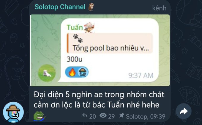 A Telegram post from 'Solotop Channel' showing a forwarded message asking 'Tổng pool bao nhiêu v...' with a response of '300u', captioned in Vietnamese thanking 'Tuấn' on behalf of 5 thousand group members.