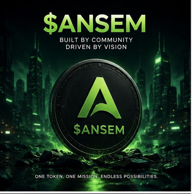 Cryptocurrency promotional poster for '$ANSEM' token featuring a large green coin with the letter 'A', set against a futuristic cityscape with the tagline 'ONE TOKEN. ONE MISSION. ENDLESS POSSIBILITIES.'