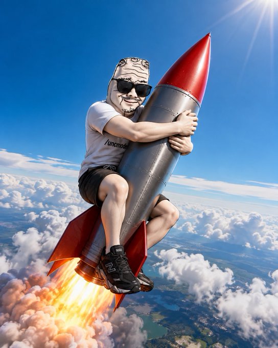 A surreal image shows a man with a stylized illustrated face, wearing a real white t-shirt and New Balance sneakers, riding a silver rocket with a red tip flying through the clouds.