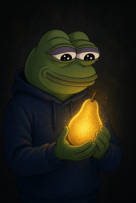 A digital illustration of a green Pepe the Frog character wearing a dark blue hoodie, holding and gazing at a glowing yellow pear against a dark background.