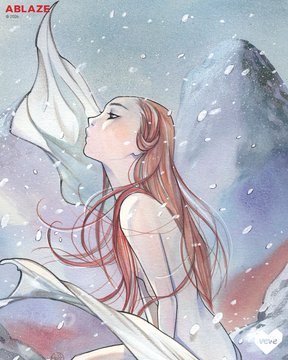 A watercolor-style digital illustration by ABLAZE depicting a red-haired woman in flowing white garments with her face turned upward as snow or petals drift around her.