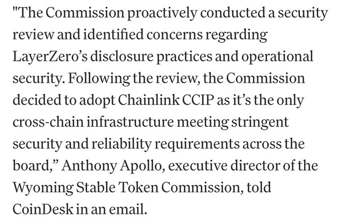 A text excerpt quoting Anthony Apollo, executive director of the Wyoming Stable Token Commission, stating that the Commission adopted Chainlink CCIP after identifying concerns regarding LayerZero's disclosure practices and operational security.
