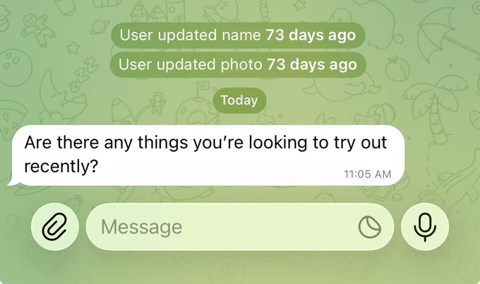 A WhatsApp chat interface shows notifications that the user updated their name and photo 73 days ago, followed by a message asking "Are there any things you're looking to try out recently?" sent at 11:05 AM.