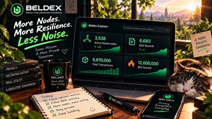 A promotional image for Beldex cryptocurrency featuring a laptop displaying the Beldex Explorer dashboard with 3,538 Active Masternodes and 6,683 BNS Records, alongside a cat and a mug reading 'Good Ideas Need Privacy'.